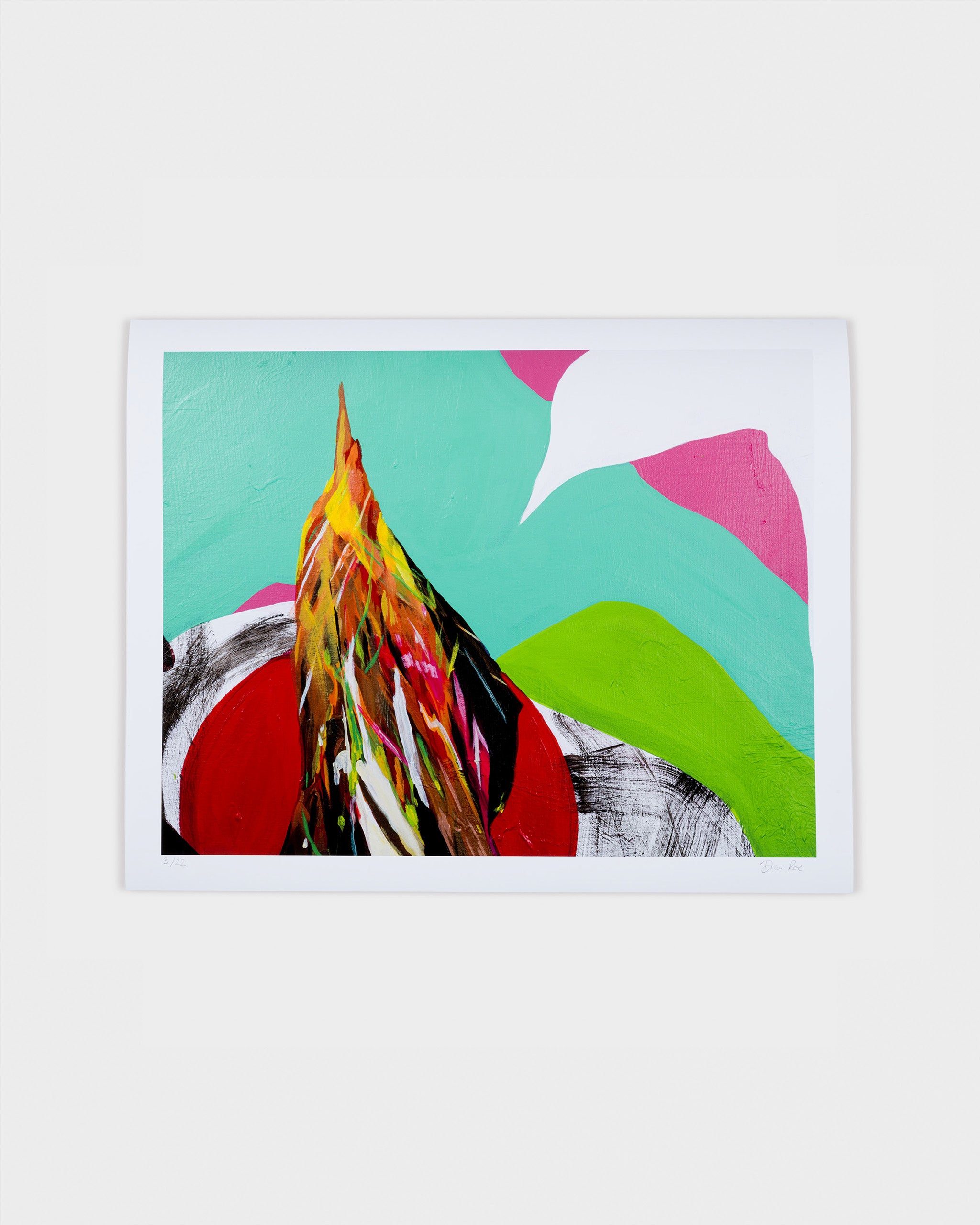 Limited edition print “Habel” by Diane Roe, with bold painterly textures in red, green, and turquoise tones against a white border.